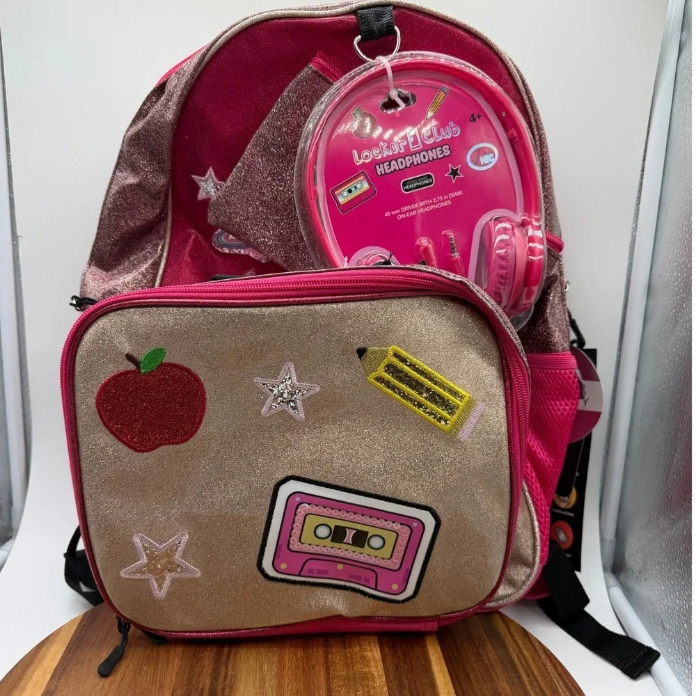 Locker Club 4pc Backpack Set Pink Gold Glitter Lunch Bag Pencil Case Headphones